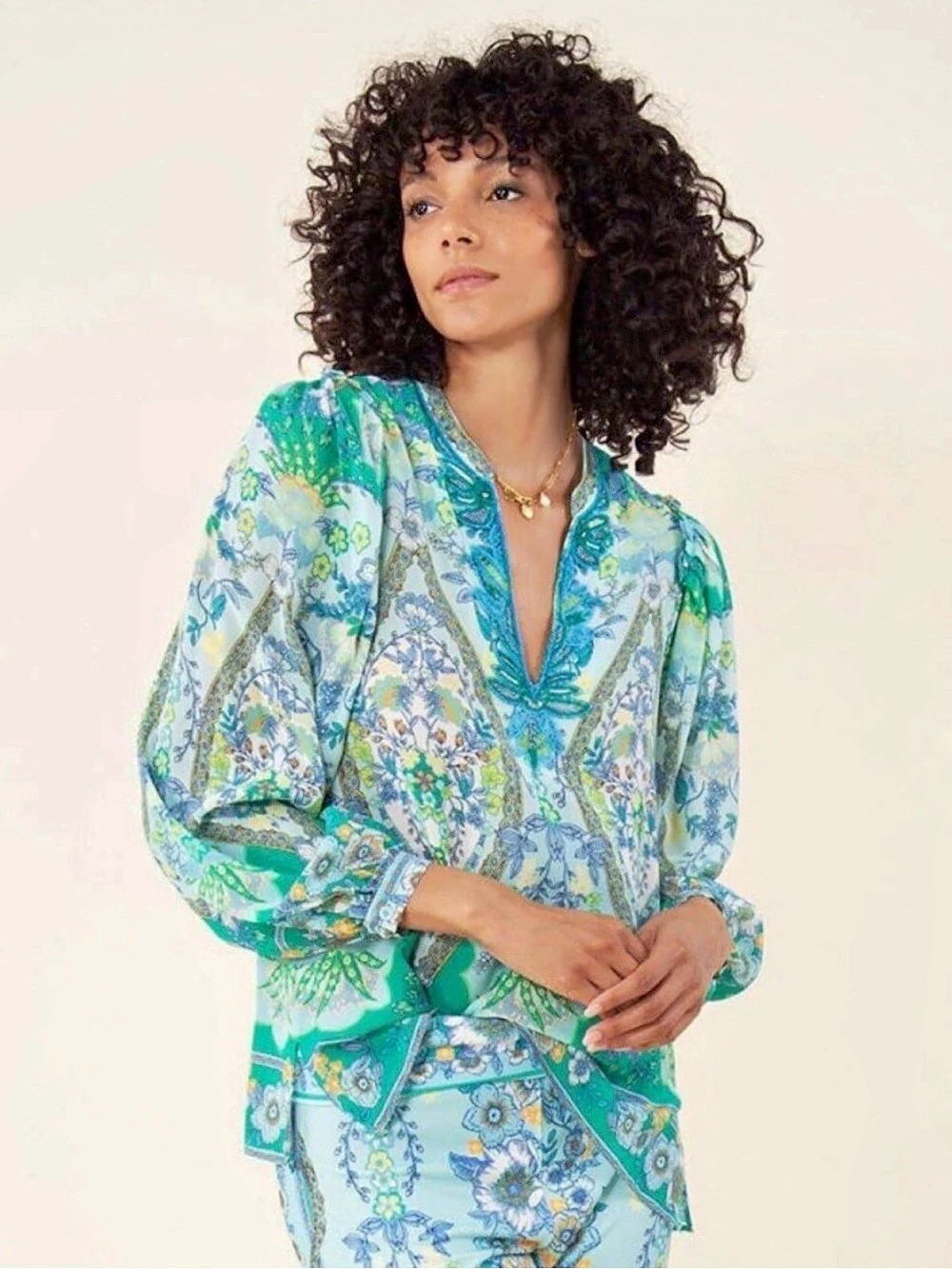 Hale Bob Madison Silk Top Floral Silk Blouse Blue & Green XS